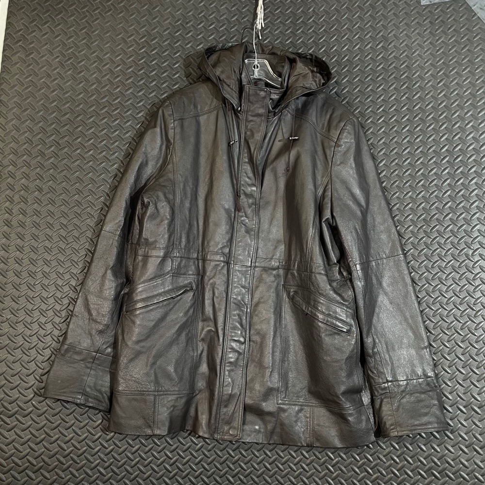 Phase Two Black Leather Quilted Lined Hooded‎ Jacket Mens Size 1X1X